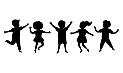 Black silhouette joyful children jump together. Kids playing. Happy childhood of boys and girls. Isolated vector illustration on white background