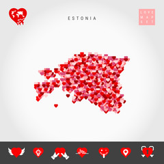 I Love Estonia. Red and Pink Hearts Pattern Vector Map of Estonia Isolated on Grey Background. Love Icon Set.