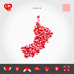 I Love Oman. Red and Pink Hearts Pattern Vector Map of Oman Isolated on Grey Background. Love Icon Set.