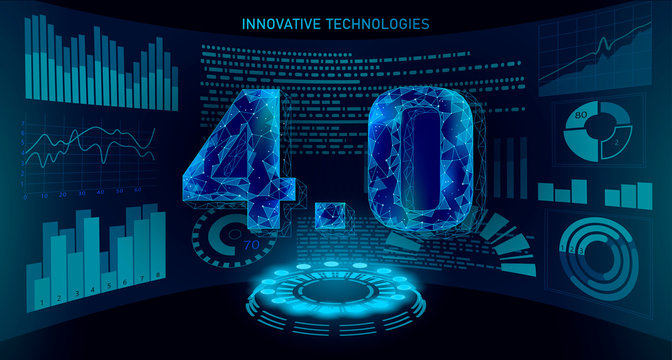 Low Poly Future Industrial Revolution Concept. Industry 4.0 Number Assembled Hud Display. Online Technology Industry Management. 3D Polygonal Innovation System Vector Illustration