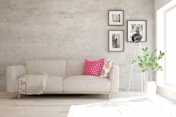 Stylish room in white color with sofa. Scandinavian interior design. 3D illustration
