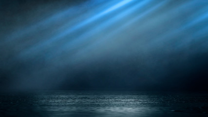Wet asphalt, reflection of neon lights, a searchlight, smoke. Abstract light in a dark empty street with smoke, smog. Dark background scene of empty street, night view, night city.