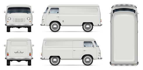 Old minivan vector mockup on white background. Isolated panel van view from side, front, back and top. All elements in the groups on separate layers for easy editing and recolor © Yuri Schmidt