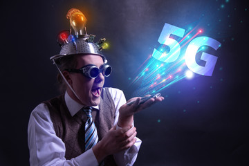 Funny nerd or geek wiith tablet and 5G symbol