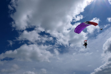 Fototapeta na wymiar Tandem skydiving. A parachute is going to land.