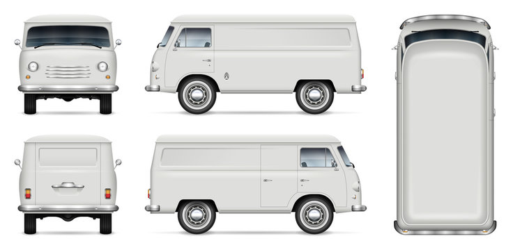 Old minivan vector mockup on white background. Isolated panel van view from side, front, back and top. All elements in the groups on separate layers for easy editing and recolor