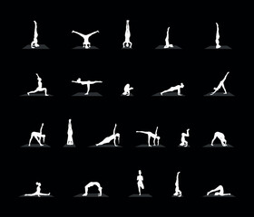 yoga poses silhouettes set. Vector illustration on black background.