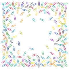 Office bright paper clips isolated on white vector background. Red, blue, green, yellow paperclips memo note and documents staple attach tools illustration.