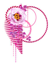 3d rendering. Silver, purple, shiny wicker circles of gold rope, chain jewelry, modern abstract stripes, floral arrangement of pink vintage roses