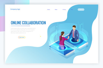 Isometric business handshake, global online collaboration, team collaboration, social network, and headhunting concept. Template landing page.