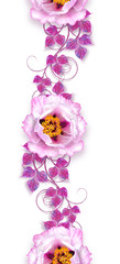 Fototapeta na wymiar Flower arrangement of delicate pink tree peony, lilac leaves, openwork curls, vintage retro style, seamless floral pattern