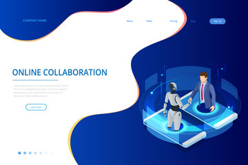 Isometric business handshake, global online collaboration, team collaboration, social network, and headhunting concept. Template landing page.
