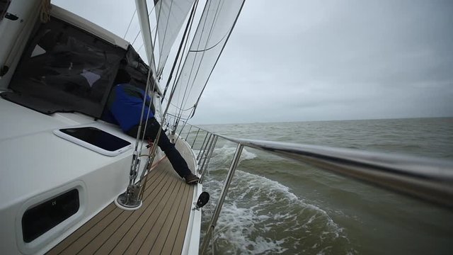 Sailing a yacht in France (La Rochelle). Filmed in slow motion.