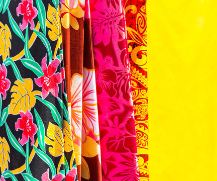 Lava-lava , Sarong for sale in tropical souvenir shop, Rarotonga, Aitutaki, Cook Islands. Close-up.