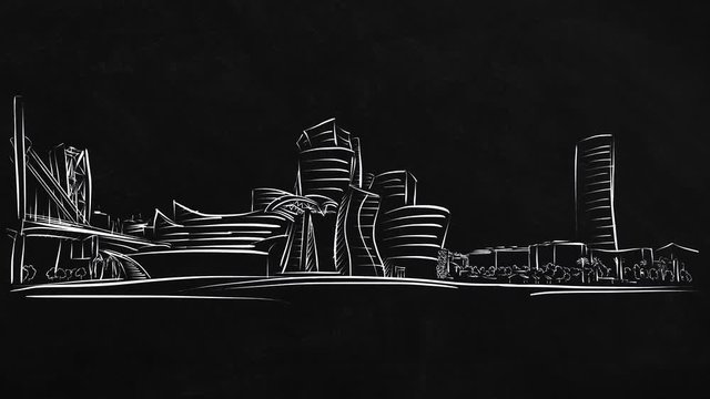 Bilbao skyline - self-drawing lines on blac