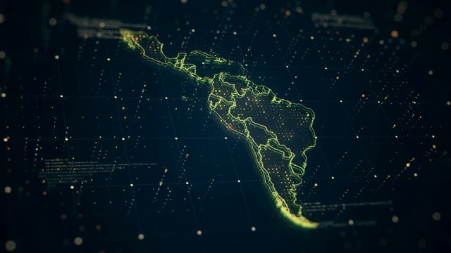 The futuristic high-tech video with a map of the Latin America glowing in different colors while danger icon signs flash all over the country.