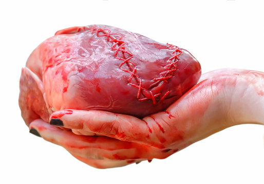 A hand is holding a real human heart with blood on a white background. The heart is stitched with thread