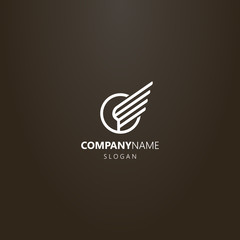 white logo on a black background. simple vector line art logo of the wing of the bird in a round frame