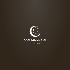 white logo on a black background. simple vector flat art logo of a round young moon with stars