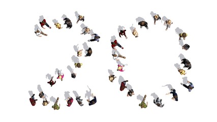 people - arranged in number 20 - top view with shadow - isolated on white background