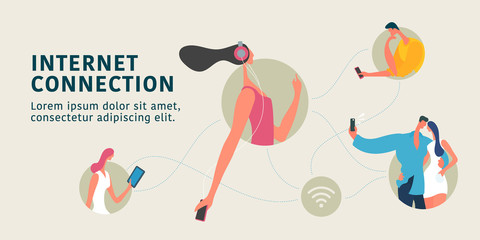 Global internet connection and modern people vector concept flat illustration, banner
