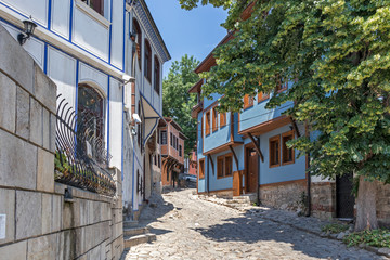 Street and Nineteenth Century Houses in The old town in city of Plovdiv, Bulgaria