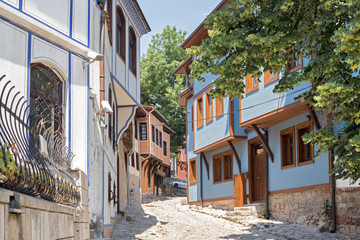 Fototapeta na wymiar Street and Nineteenth Century Houses in The old town in city of Plovdiv, Bulgaria