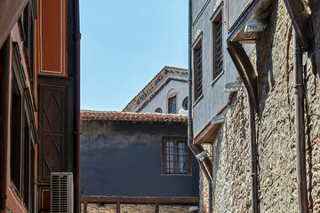 Street and Nineteenth Century Houses in The old town in city of Plovdiv, Bulgaria