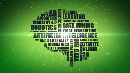 Green wordcloud featuring buzzwords associated with computing and technology concepts such as Artificial Intelligence and Big Data - Illustration - 271569749