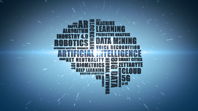 Blue Wordcloud featuring buzzwords associated with computing and technology concepts such as Artificial Intelligence and Big Data - Illustration