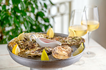 Fresh oysters with ice and white wine. Seafood. White background