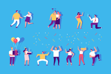 Fototapeta premium Birthday party with cake and colorful balloons. People dancing and having fun. Friendship. Celebration. Flat vector illustration.