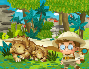 cartoon scene with professor in time travel meeting triceratops in the jungle illustration for children
