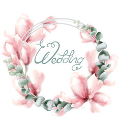 Wedding wreath with pink flowers Vector watercolor. Delicate floral frame decors