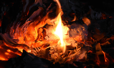 Wood burning flames and ember