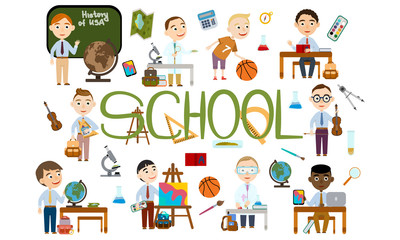 A set of boys at school. Student in different lessons: science, history, sports, art, maths, English, information technology, music. Conducting experiments. Cute Vector Illustration