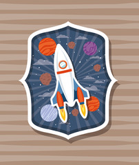 Rocket over label with planets design vector illustration