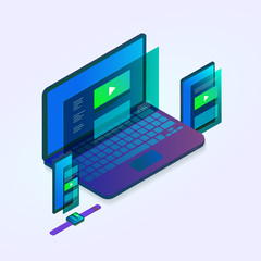 Responsive website isometric 3D design electronic devices - laptop, tablet, mobile smartphone, smart watch. Adaptive Web design modern design gadget element isolated on grey background.