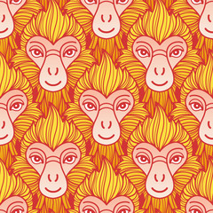 Fire or red monkey seamless repeat vector pattern. Chinese zodiac, horoscope symbol. Colorful cute stylized monkey heads with fire looking hair. Animal, zoo, fauna background, regular texture.