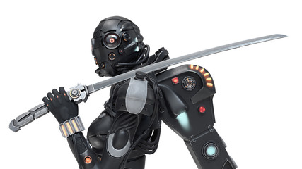 Science fiction cyborg female looking at the camera and holding a futuristic japanese samurai sword on shoulder. Samurai girl in a futuristic black armor with jetpack. 3D render on white background. © roman3d