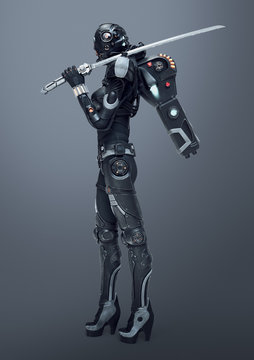 Science fiction cyborg female stands looking at the camera and holding a futuristic japanese samurai sword on shoulder. Sci-fi girl in futuristic black armor with jetpack. 3D render on gray background