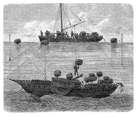 Divers working to lift the steamboat 'Ludwik' sunk in the Constance lake, engraving year 1864
