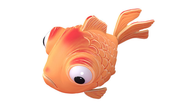 3d cartoon character of a spherical goldfish with big bulging eyes floating  in the air. Funny yellow fish icon. 3d render of cute little magic fish  isolated on white background. Assets for