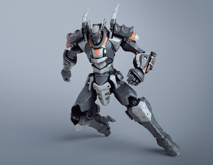 Sci-fi mech warrior clenched his hands into fists in fighting position. Mech in a defensive pose. Futuristic robot with white gray color metal. Mech Battle. Orange paint. 3D render on gray background.