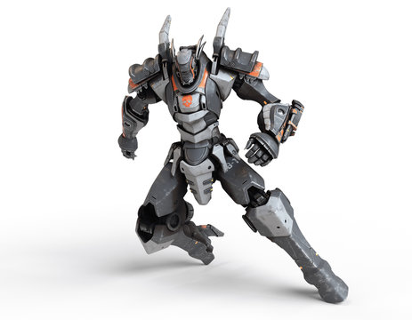 Sci-fi mech warrior clenched his hands into fists in fighting position. Mech in a defensive pose. Futuristic robot with white gray color metal. Mech Battle. Orange paint. 3D render on white background