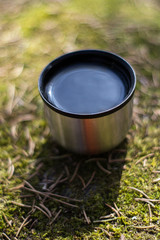 cup with sky reflection - picnic on mossy rock