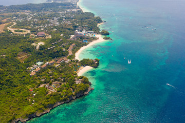Beautiful Punta Bunga Beach on Boracay island, Philippines.Hotels near the beach in sunny weather. The coast of the island of Boracay for tourists. Seascape, view from above.