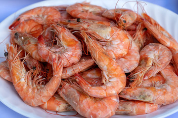 Boiled shrimp for sale in the street market in Bangkok, Thailand. Closeup