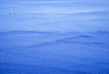 summer travel background of blue sea texture and yacht - top view