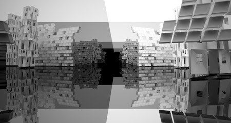 Abstract white and black interior multilevel public space with window. 3D illustration and rendering.